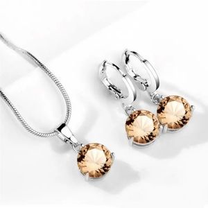 Champagne Crystal Silver Toned Necklace & Earrings Set